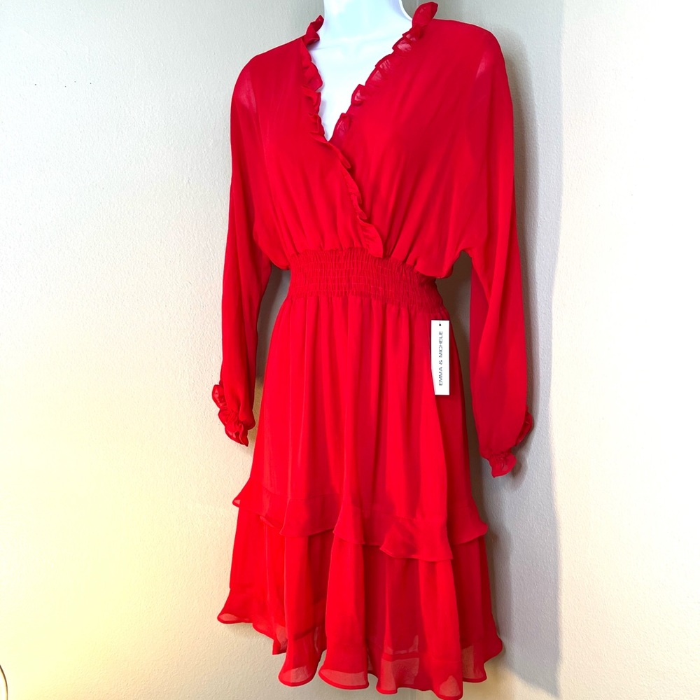 NWT Red Long Sleeve Ruffles Midi Dress Summer